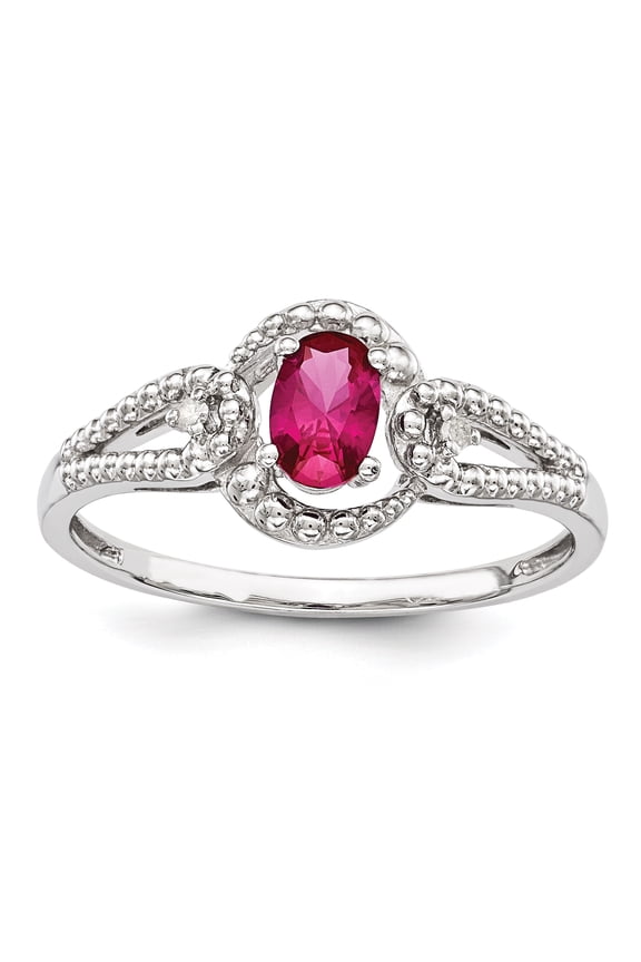 925 Sterling Silver Polished Created Ruby and Diamond Ring Size 5 - .02 dwt .47 cwt - Ring for Women