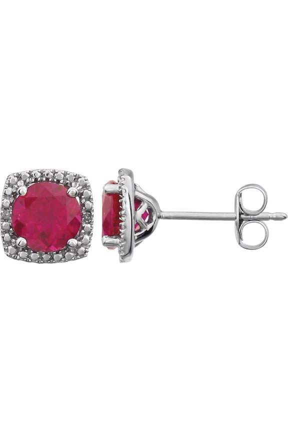Sterling Silver Created Ruby and 0.015 cttw Diamond Stud Earrings Fine Jewelry For Women Gifts For Her (H-J, I3)