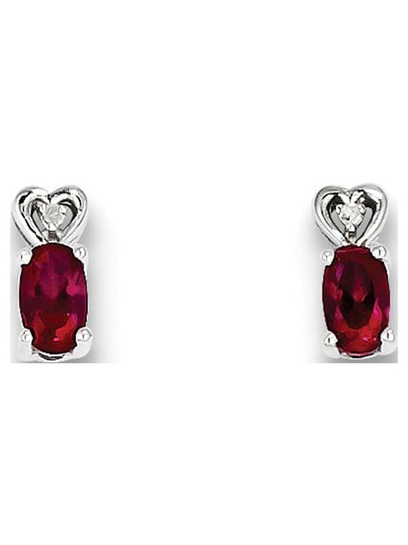 Sterling Silver Created Ruby and Diamond Earrings - .010 dwt .58 cwt - Measures 8x3mm Wide
