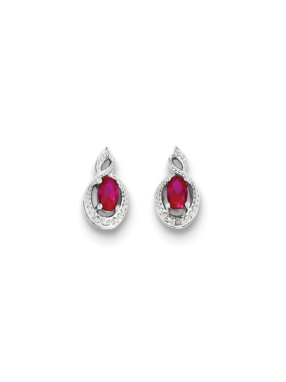 Sterling Silver Created Ruby and Diamond Earrings - .010 dwt .59 cwt - Measures 13x7mm Wide