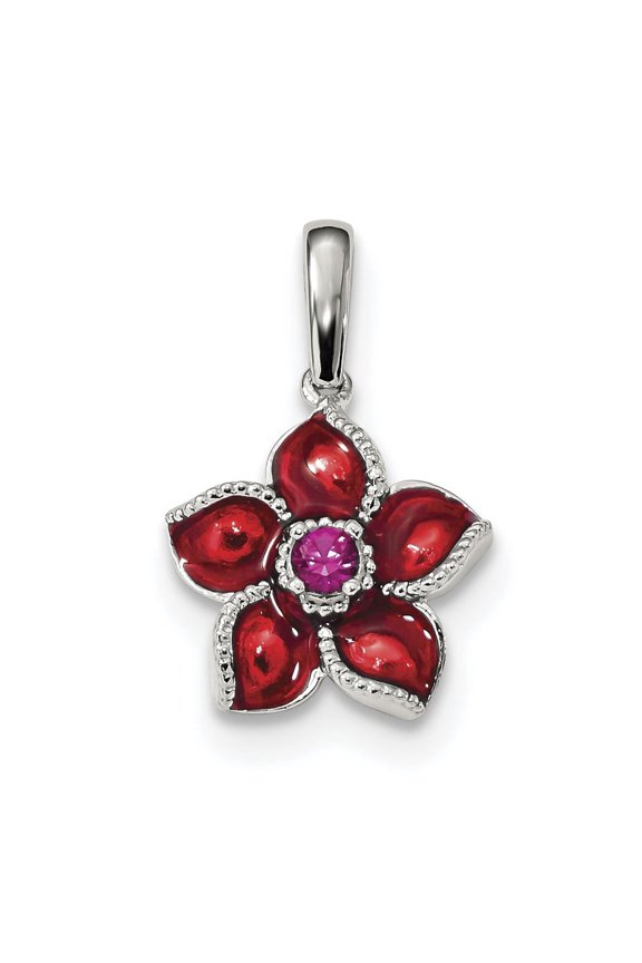 Sterling Silver Created Ruby and Enamel Flower Pendant Charm