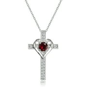 GLITZY ROCKS Sterling Silver Created Ruby and White Topaz Heart Cross Birthstone Pendant Necklace