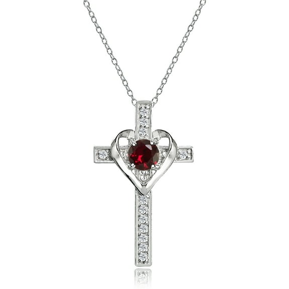 Sterling Silver Created Ruby and White Topaz Heart Cross Birthstone Pendant Necklace