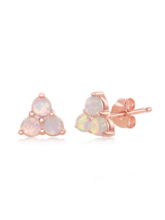 Sterling Silver Created White Opal Triangle Triple Cluster Silver/14 Rose Gold Plated Sterling Silver Stud Earrings