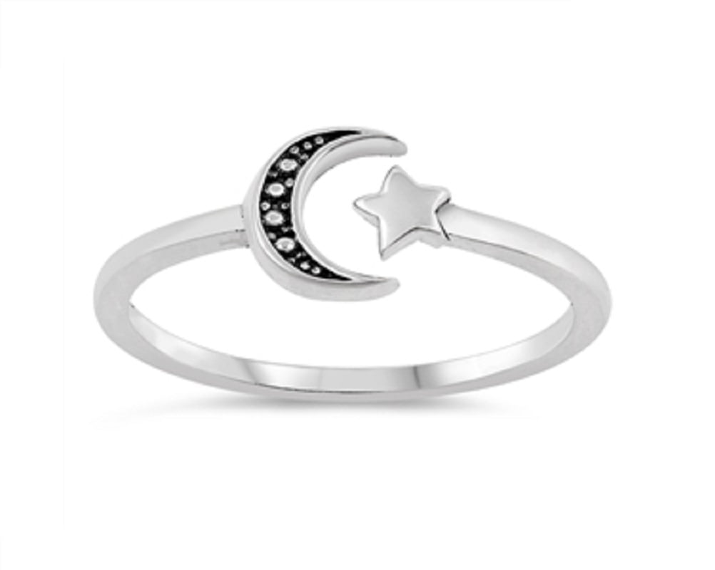 Sterling Silver Thin Moon and Twinkle Star Ring, Silver Rings, Moon Ring,  Dainty | eBay