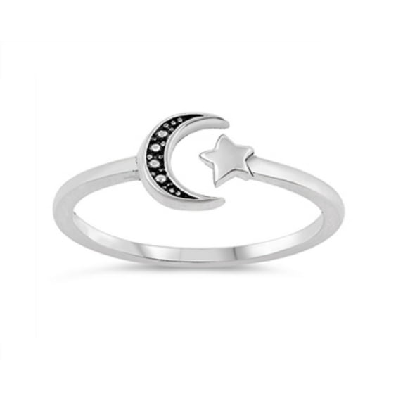 Sterling Silver Crescent Moon And Star Ring Size 13