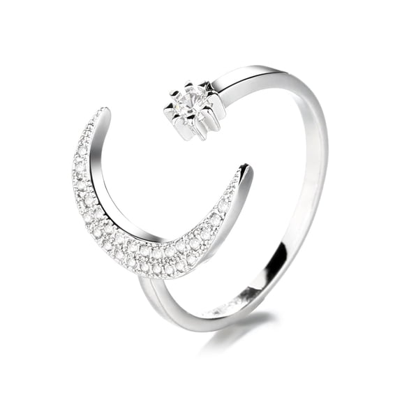 14K White Gold Plated Crescent Moon Bypass Ring with Crystals