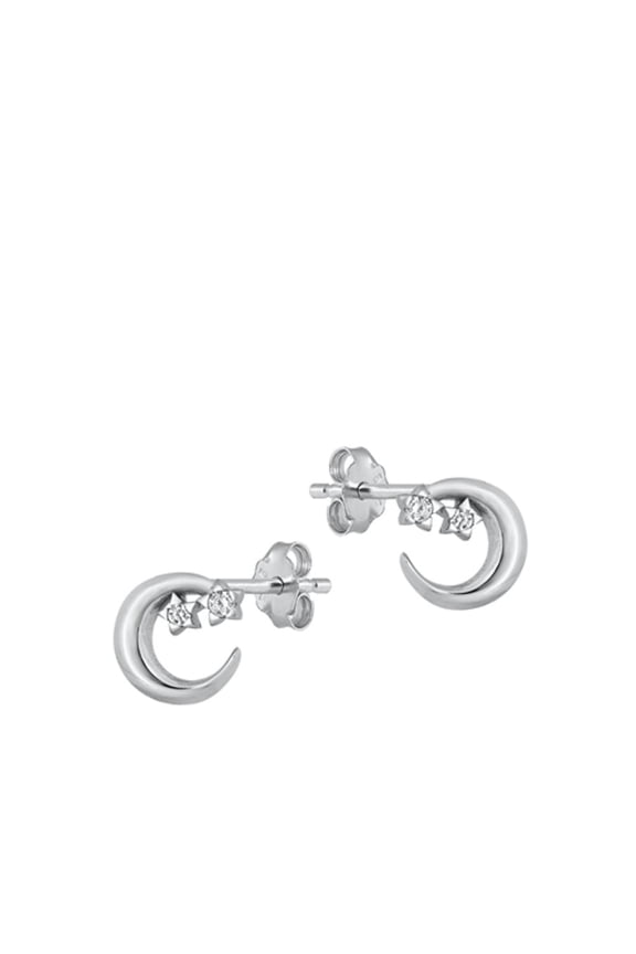 Sterling Silver Crescent Moon Hoop Clear Cubic Zirconia Earrings 925 New Jewelry Female Unisex