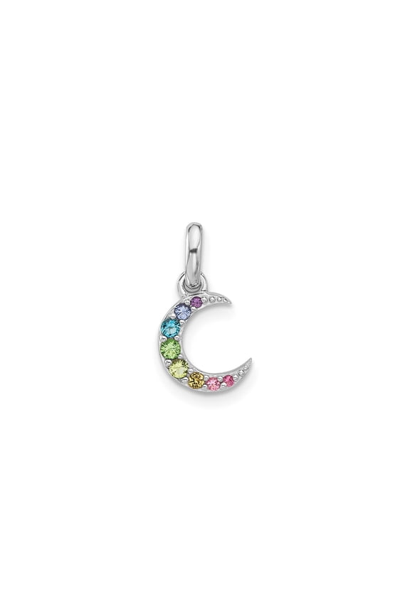 925 Sterling Silver Crescent Moon Celestial Pendant Charm with 8 Multi-Color Crystals