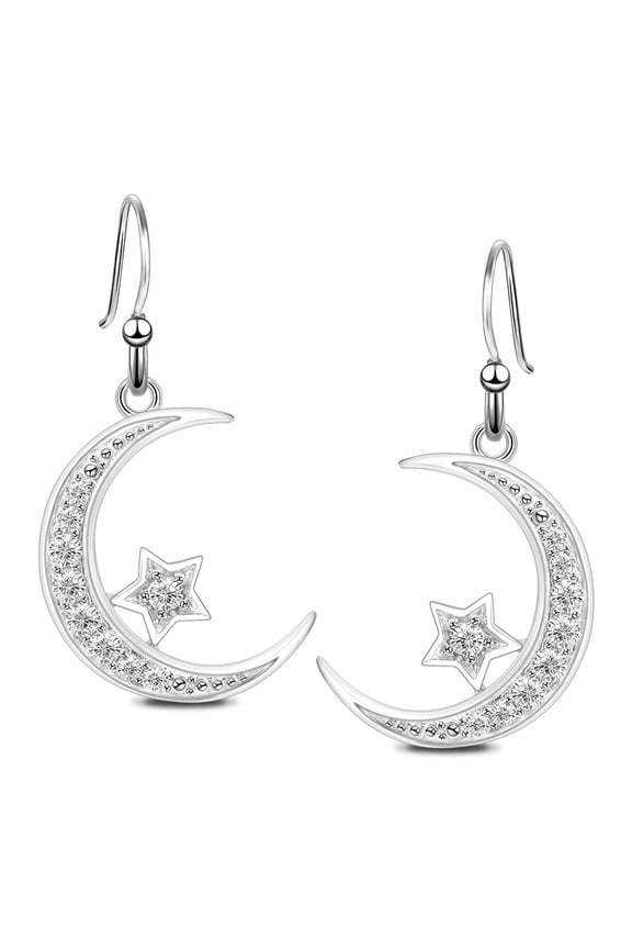 Sterling Silver Crescent Moon & Star Dangle Earrings for Women