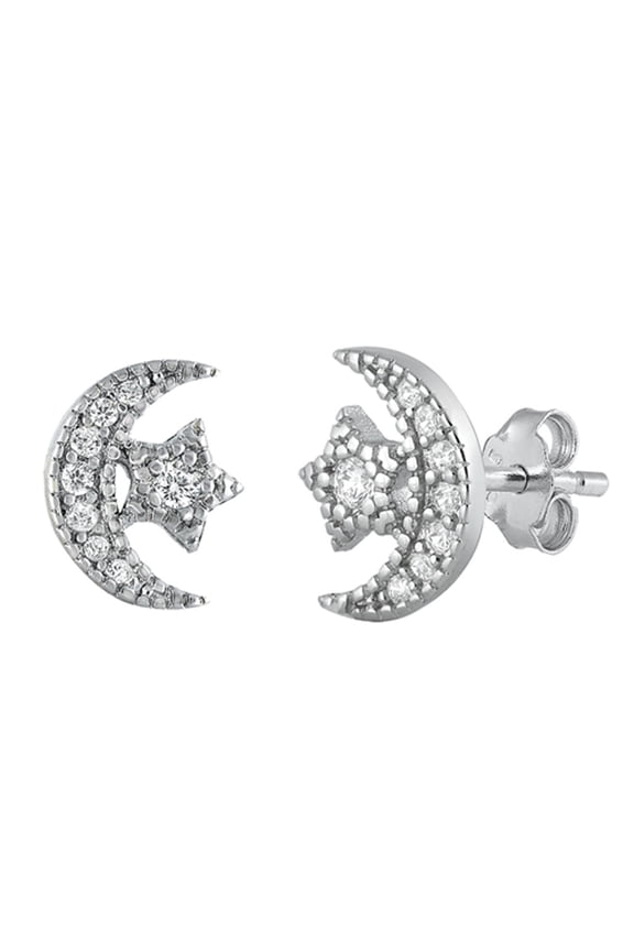 Sterling Silver Crescent Moon Star Night Mystic Celestial Earrings Clear CZ 925 Jewelry Female