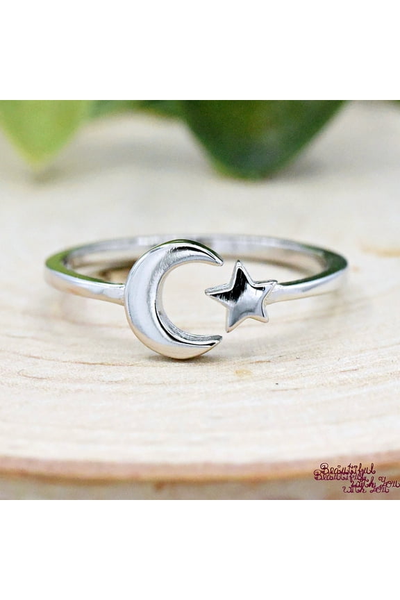 Sterling Silver Crescent Moon & Star Open Adjustable Ring, Lunar Moon Star Celestial Flexible Midi Thumb Ring Band, Minimalist Jewelry