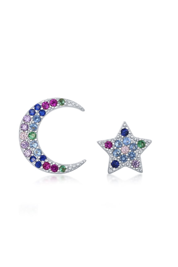 Sterling Silver Crescent Moon & Star Rainbow CZ Stud Earrings