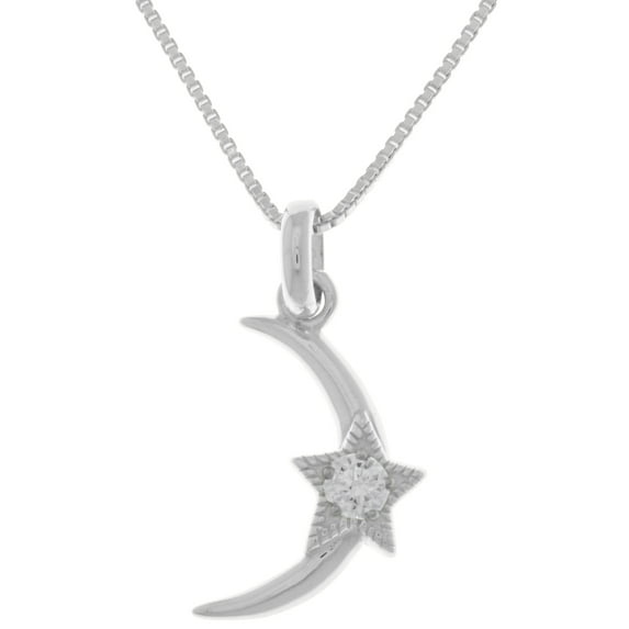 Sterling Silver Crescent Moon and Star Pendant with Cubic Zirconia on 18 Inch Box Chain Necklace