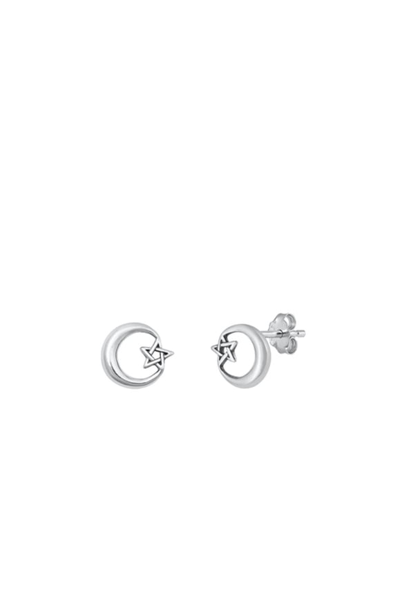 Sterling Silver Cresent Moon Pentagram Stud Earrings .925 New Jewelry Female Unisex