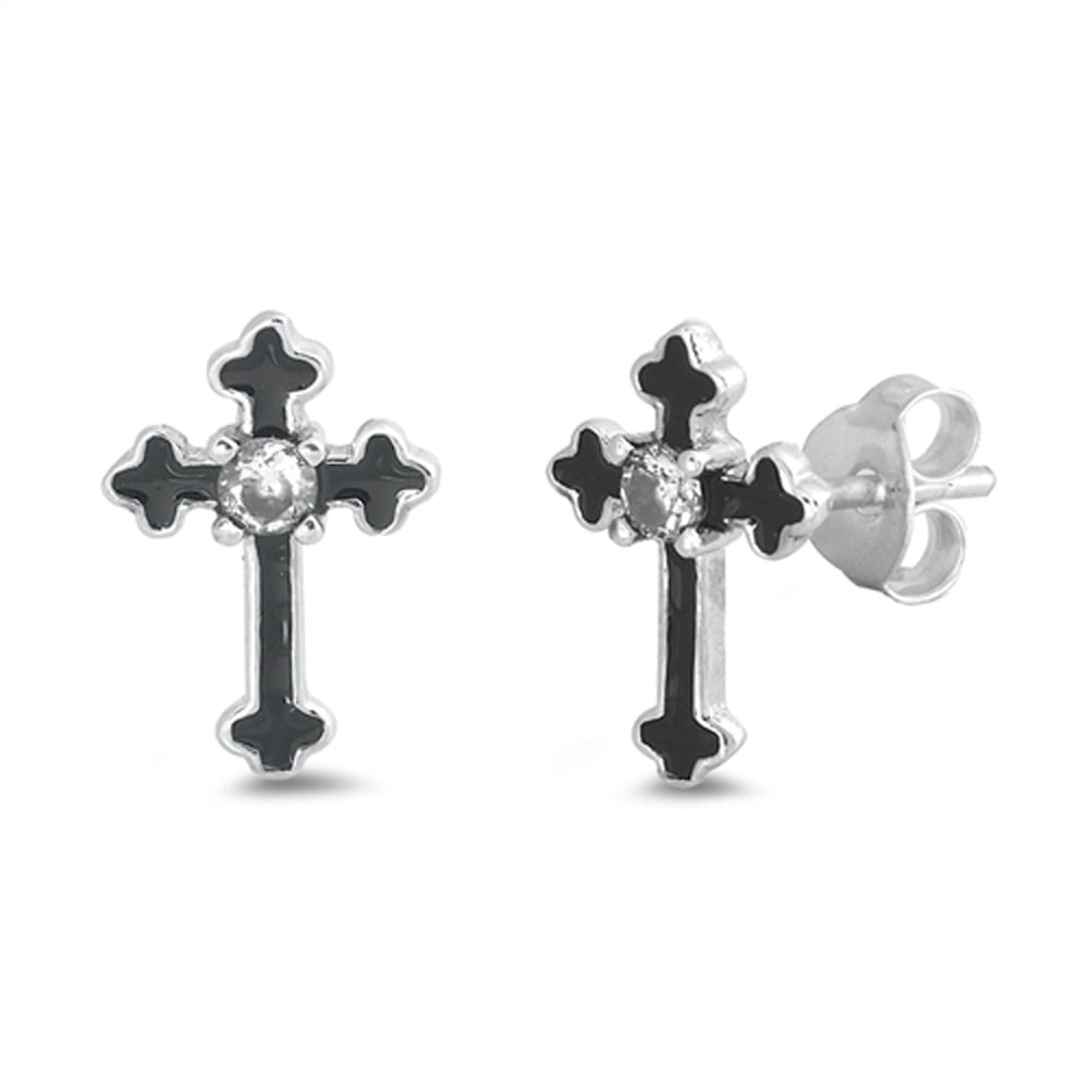 Sterling Silver Cross Elegant Gothic Victorian Renaissance Earrings Clear CZ 925 Jewelry Female