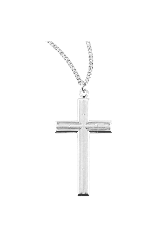 Sterling Silver Cross with Inlayed High Polished Cross, 1.1" x 0.6", 18" Rhodium Plated Stainless Steel Chain, Made in USA- Deluxe Velvet Gift Box Included