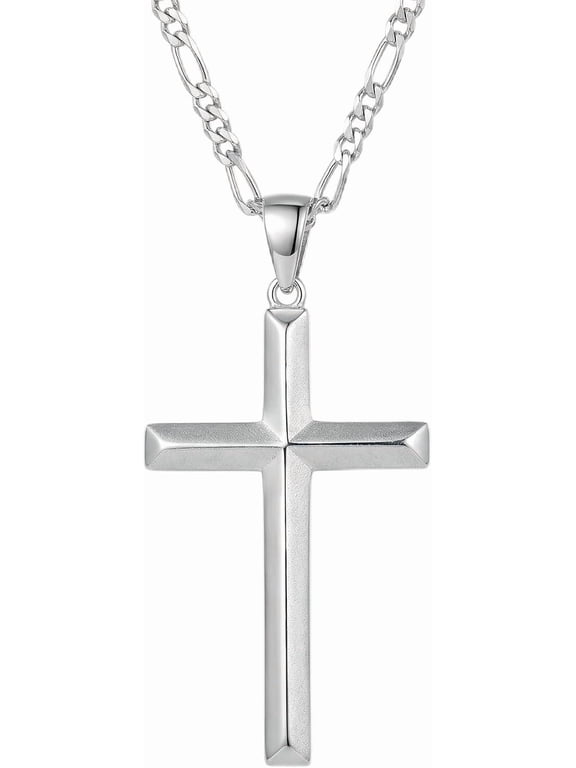 Sterling Silver Cross Necklace for Men with Figaro Chain, S925 Silver, 18-20 Inch, Polished Finish