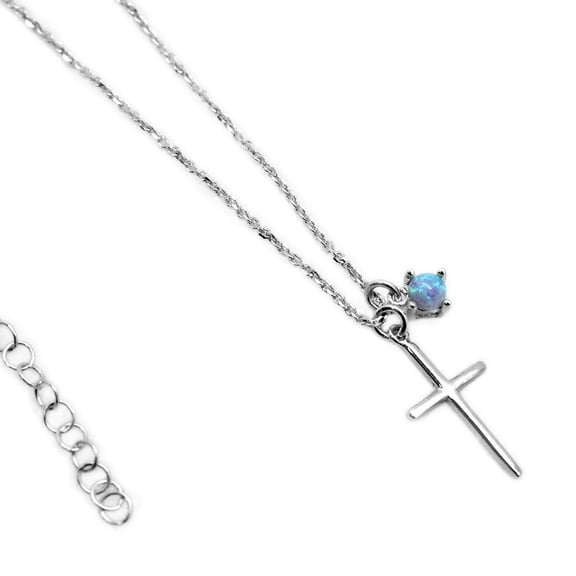 Sterling Silver Cross Necklace with Opal Charm