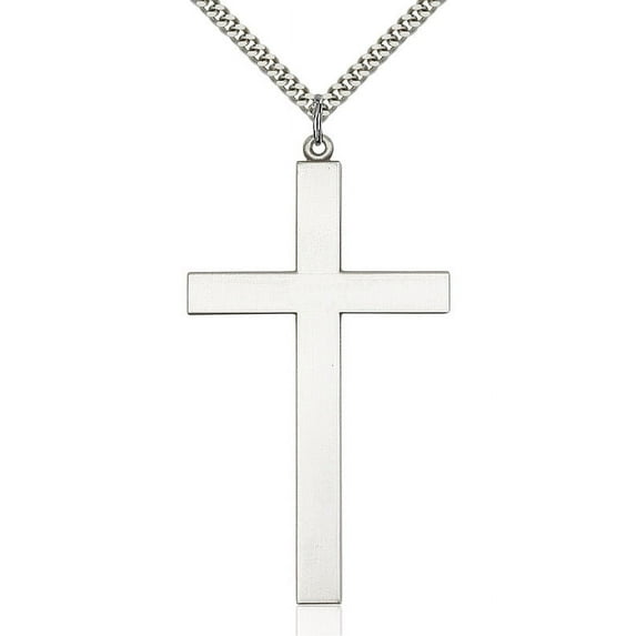 Sterling Silver Cross Pendant 2 5/8 X 1 3/8 inches with Heavy Curb Chain