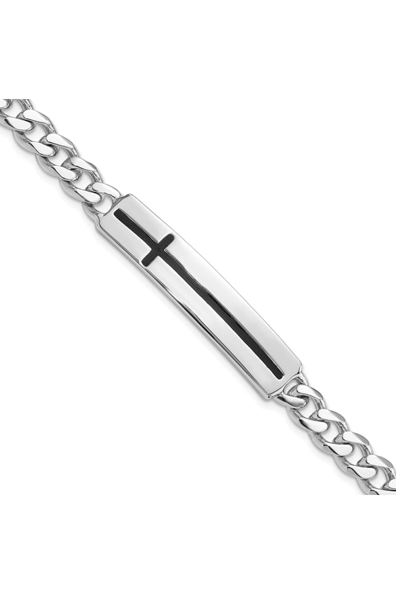 Sterling Silver Cross Pendant Bracelet for Men and Women with Polished Bar Plate Curb Chain Link Modern Religious Jewelry Faith Symbol Design