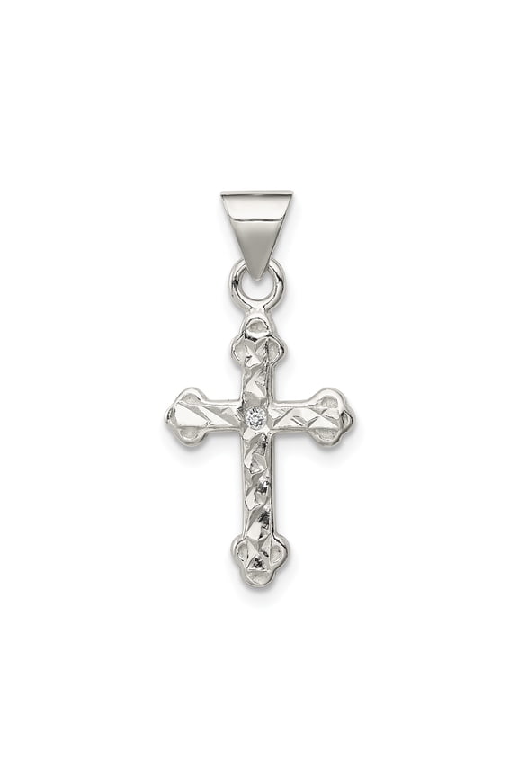 Sterling Silver Cross Pendant Necklace with CZ Accents for Men and Women Religious Jewelry with Beveled Texture Polished Bail Modern Unisex Design Spiritual Fashion Accessory Faith Symbol