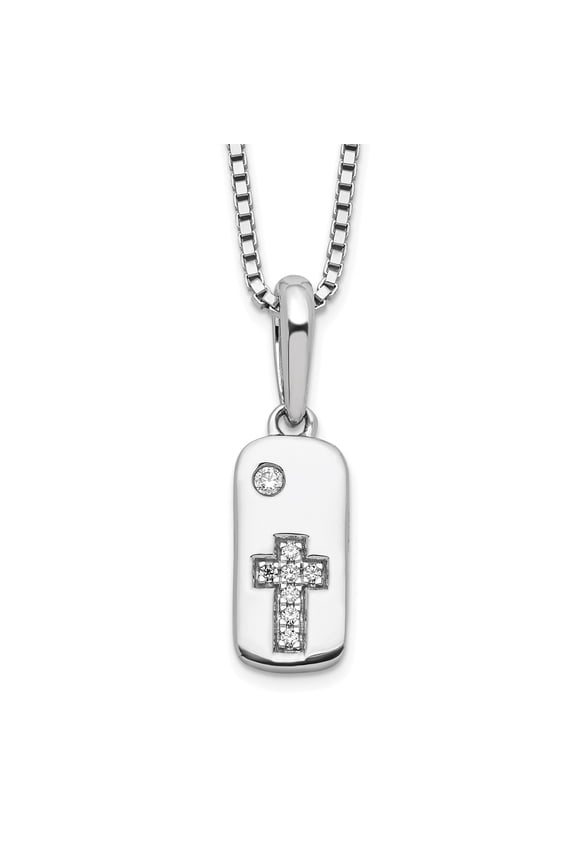 Sterling Silver Cross Pendant Necklace with Diamond Accent on Box Chain Featuring Polished Tag Design Rounded Corners Minimalist Spiritual Jewelry for Women or Men Elegant Religious Necklace