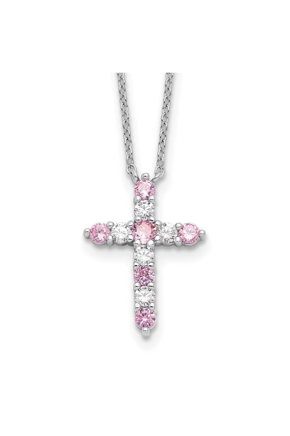Sterling Silver Cross Pendant Necklace with Pink CZ Stone and Twist Chain for Men and Women Religious Jewelry Fashion Layering Accessory Spiritual Charm Symbol of Faith