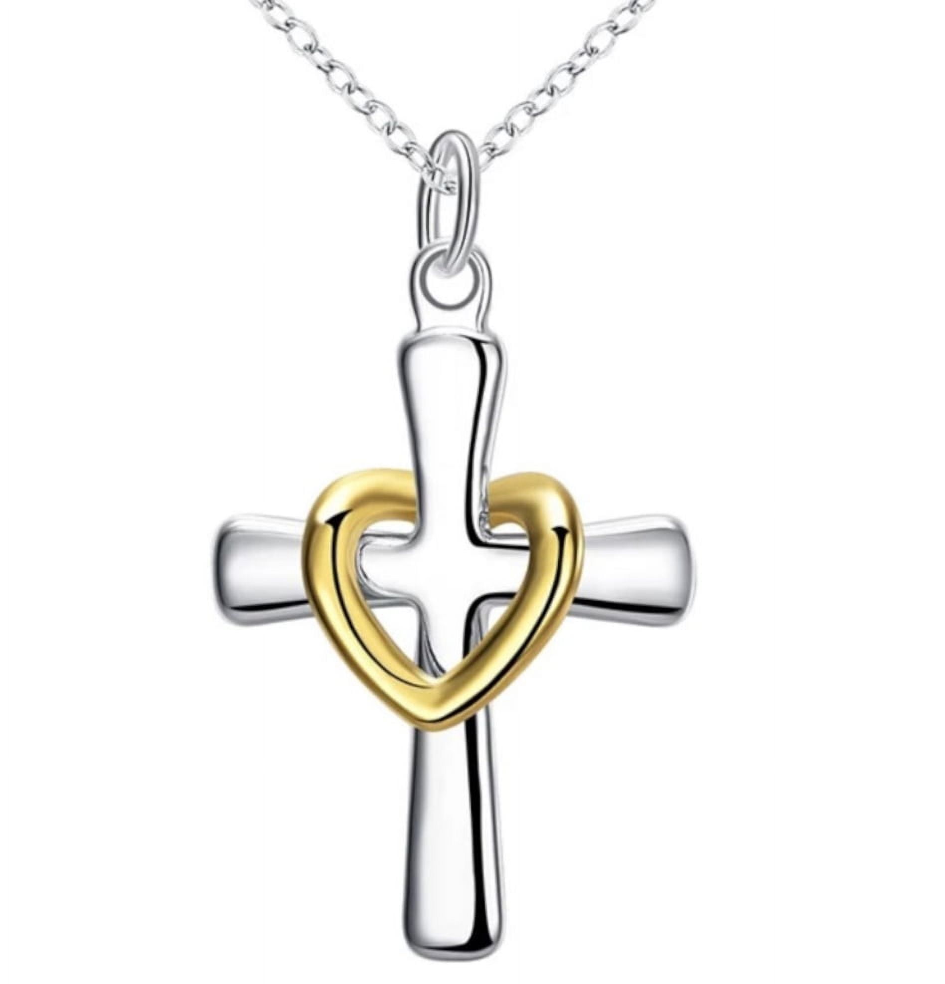 Sterling Silver Cross Pendant Necklace with Gold over Silver Heart Jewelry SS-128