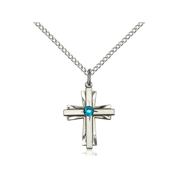 Sterling Silver Cross Pendant w/ 3mm December Blue Swarovski Crystal 3/4 X 1/2 inches w/ 18 inch Sterling Silver Curb Chain