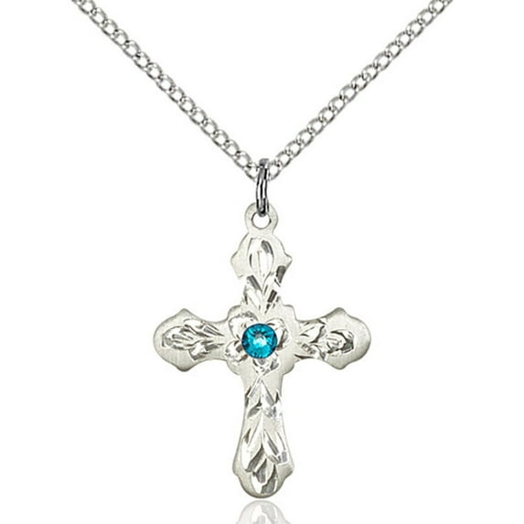 Sterling Silver Cross Pendant with 3mm December Blue Swarovski Crystal 7/8 x 5/8 inches with Sterling Silver Lite Curb Chain