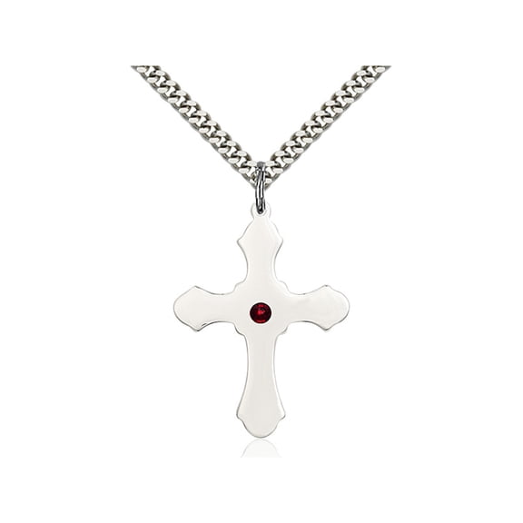 Sterling Silver Cross Pendant with 3mm January Red Swarovski Crystal 1 1/4 x 7/8 inches with Heavy Curb Chain