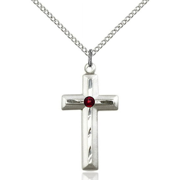 Sterling Silver Cross Pendant with 3mm January Red Swarovski Crystal 1 1/8 x 1/2 inches with Sterling Silver Lite Curb Chain