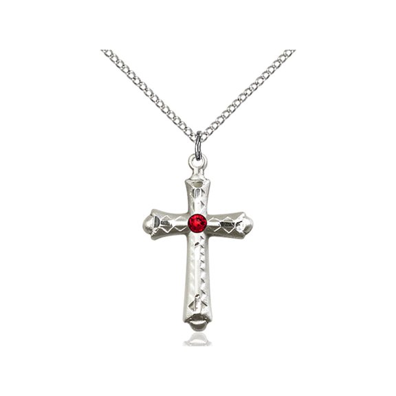 Sterling Silver Cross Pendant with 3mm July Red Swarovski Crystal 1 1/8 x 5/8 inches with Sterling Silver Lite Curb Chain