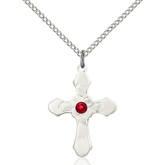 Sterling Silver Cross Pendant with 3mm July Red Swarovski Crystal 7/8 x 5/8 inches with Sterling Silver Lite Curb Chain
