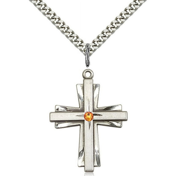 Sterling Silver Cross Pendant with 3mm November Yellow Swarovski Crystal 1 1/4 X 7/8 inches with Heavy Curb Chain