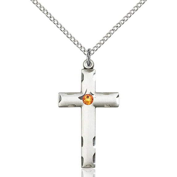 Sterling Silver Cross Pendant with 3mm November Yellow Swarovski Crystal 1 1/8 x 5/8 inches with Lite Curb Chain
