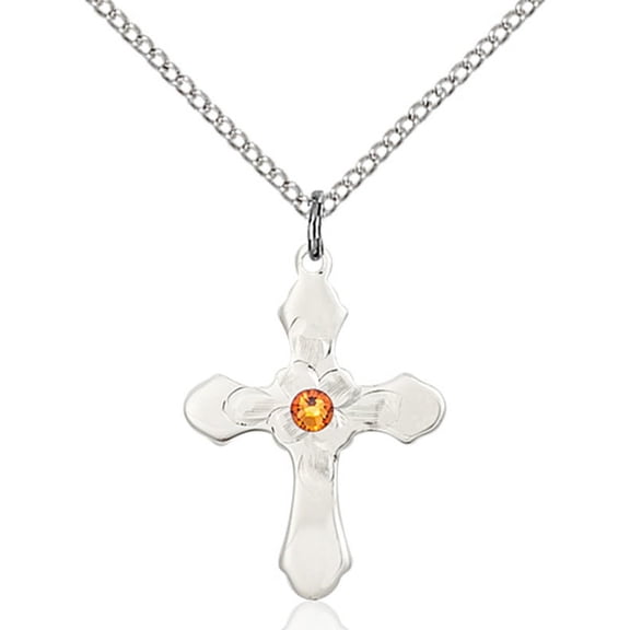 Sterling Silver Cross Pendant with 3mm November Yellow Swarovski Crystal 7/8 x 5/8 inches with Lite Curb Chain