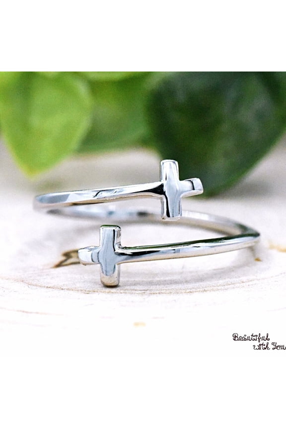 Sterling Silver Cross Ring Adjustable Wraparound Open End Design | Elegant Christian Jewelry Gift for Women