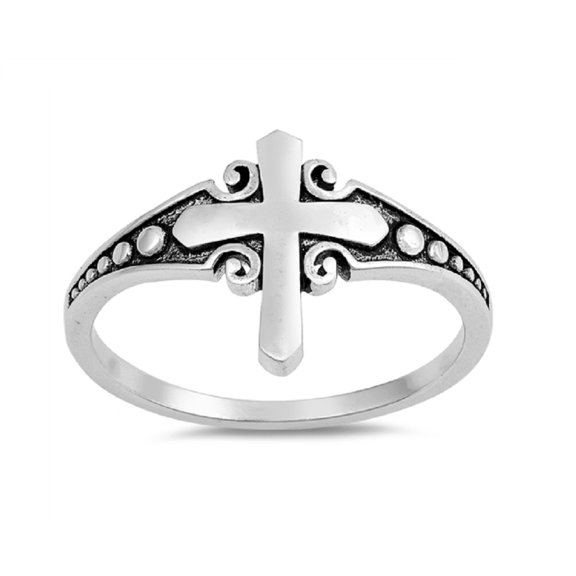 Sterling Silver Cross With Beaded Sides Ring