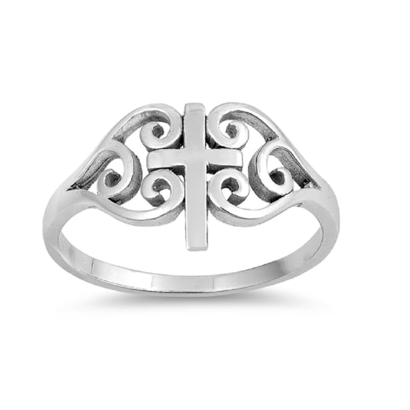 Sterling Silver Cross With Victorian Heart Sides Ring