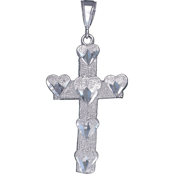 Sterling Silver Cross with Hearts Pendant Necklace with Diamond Cut Finish