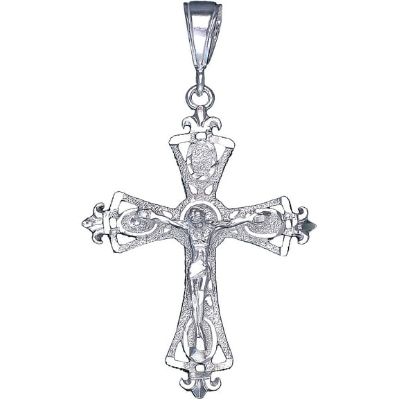Sterling Silver Cross with Jesus Pendant Necklace Diamond Cut Finish and Chain