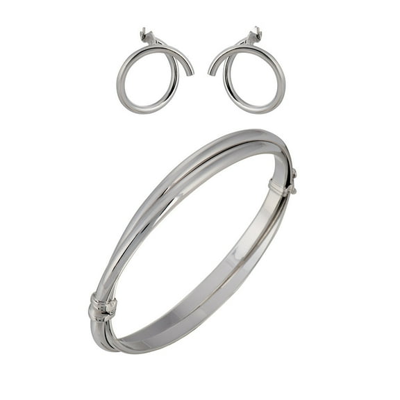 Sterling Silver Crossover Bangle Bracelet and Hoop Earrings Set