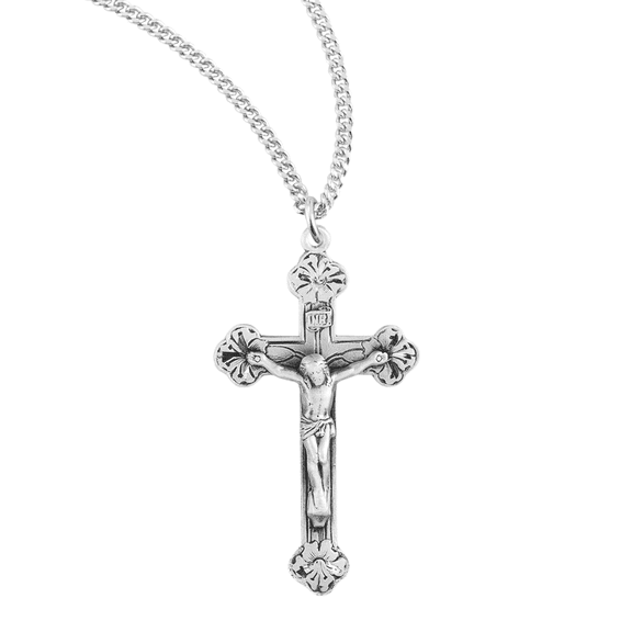 Sterling Silver Crucifix with Budded Flower Tips, 24" Endless Rhodium Plated Stainless Steel Chain, Made in USA - Made in USA - Deluxe Velvet Gift Box