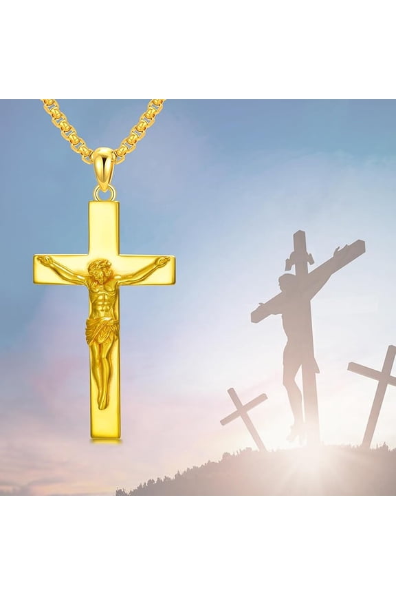 Sterling Silver Crucifix Cross Necklace for Men Women, 22+2 inch Stainless Steel Chain, Religious Gift for Husband Father Brother