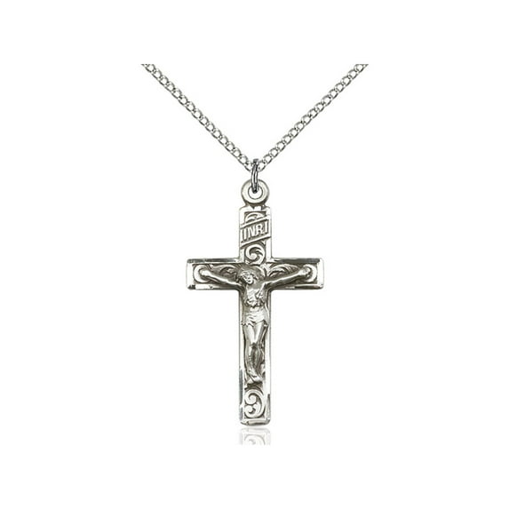 Sterling Silver Crucifix Pendant 1 1/4 x 3/4 inches with Sterling Silver Lite Curb Chain