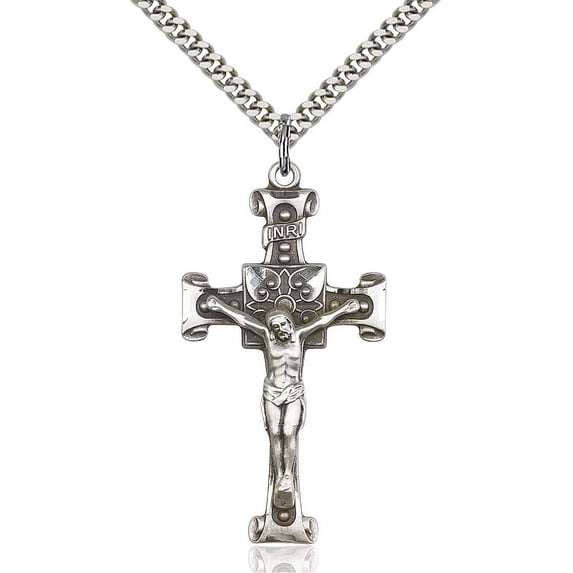 Sterling Silver Crucifix Pendant 1 3/4 x 7/8 inches with Heavy Curb Chain