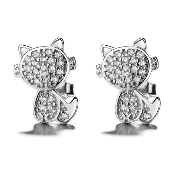 Sterling Silver Crystal Cat Drop Earrings With Crystals