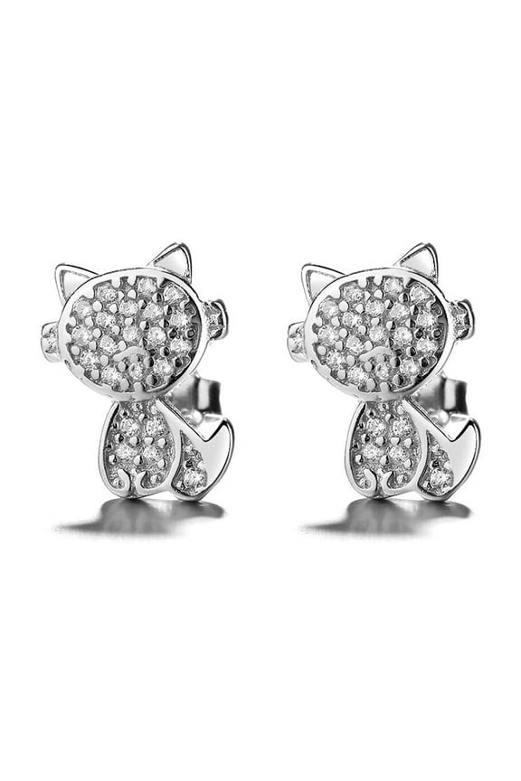 Sterling Silver Crystal Cat Drop Earrings With Crystals